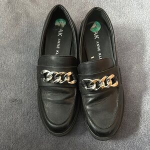 Anne Klein Black Loafers with Gold Chain Detail